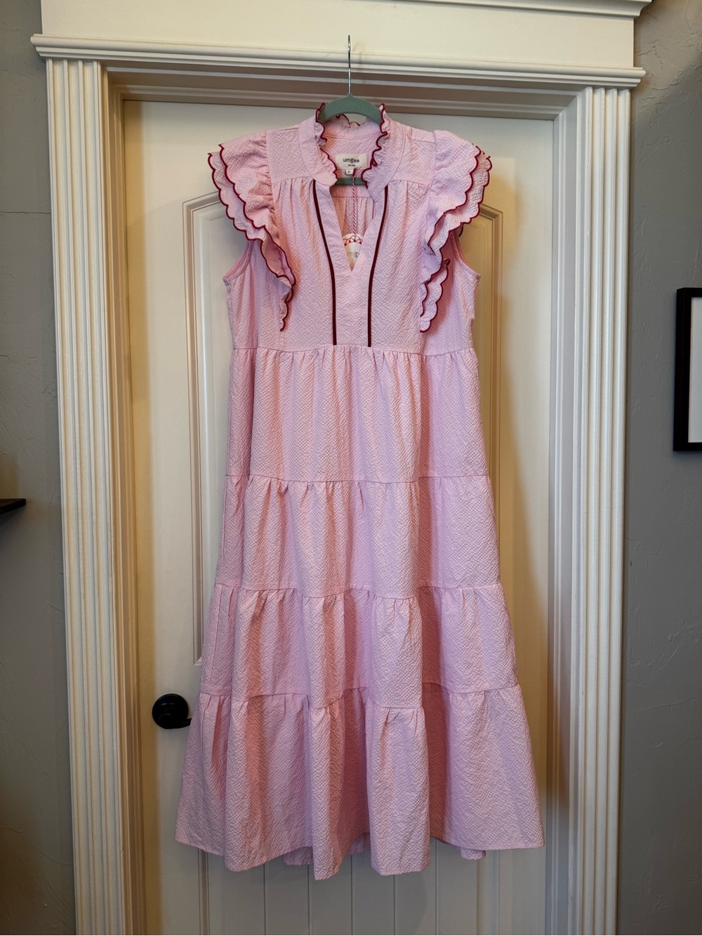 NWT Umgee Pink Tiered Midi Dress with bright red Ruffle Trim